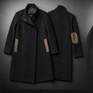 Pauw Amsterdam Wool Coat Womens 3 M/L Black Herringbone Blend Suede Patch Luxury